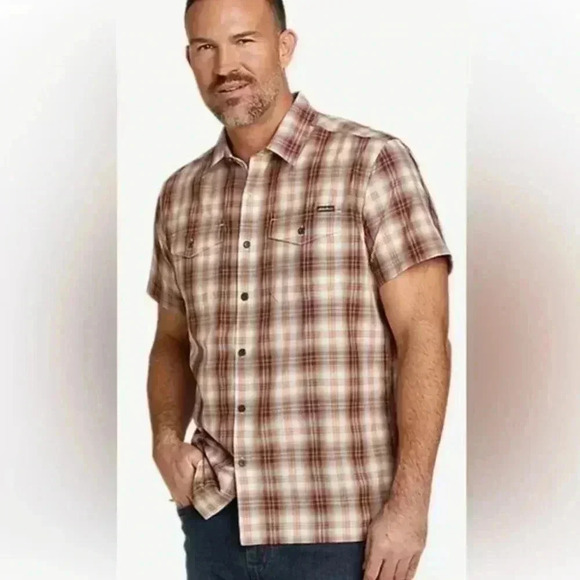 Eddie Bauer Travel Performance button shirt short sleeve Terracotta plaid size L - Picture 1 of 8